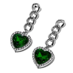 Silver-Toned Green Crystal Heart 2" Drop Earrings - NWT